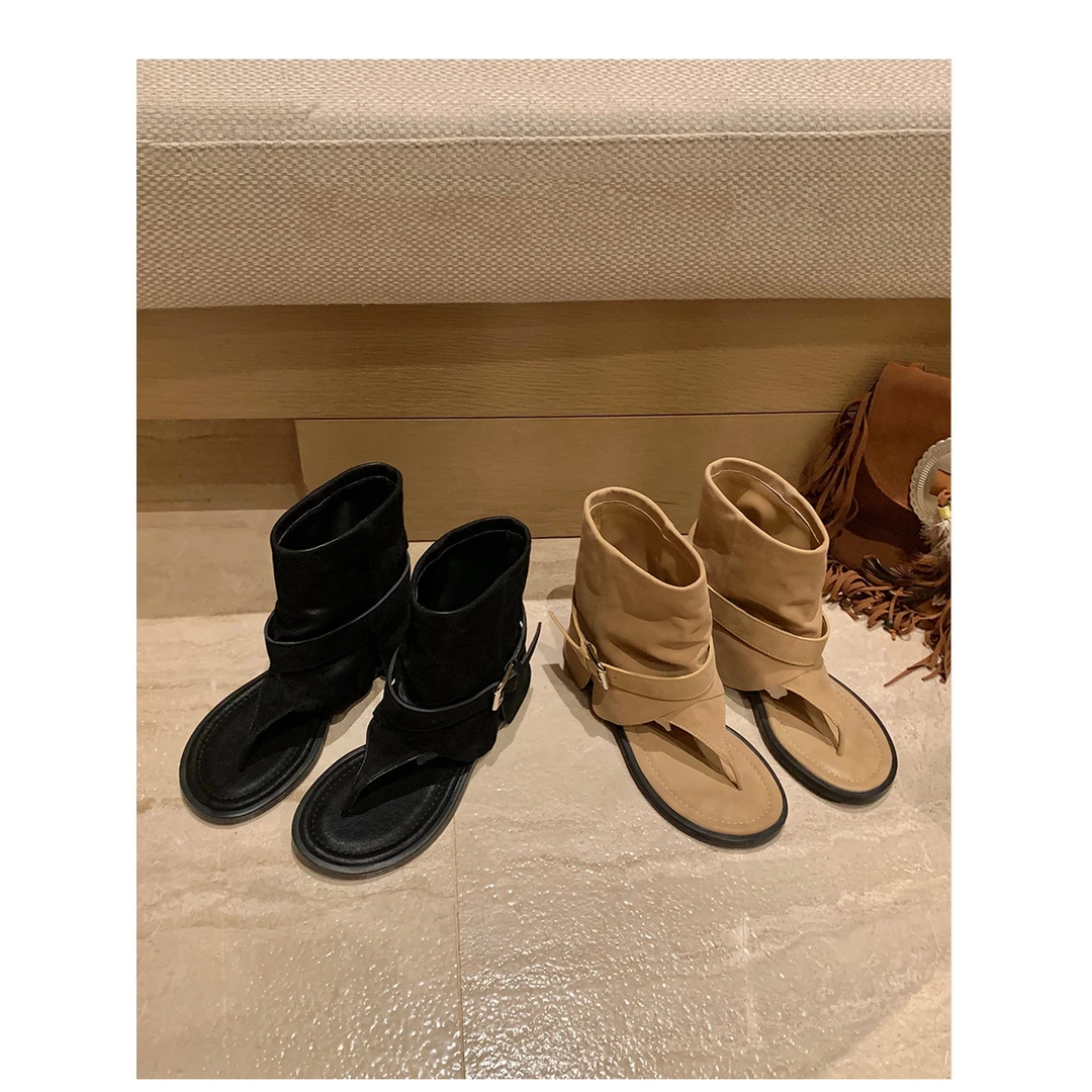 羊皮版~时髦辣妹平底人字夹趾凉靴裤管靴女2025夏季新款罗马凉鞋