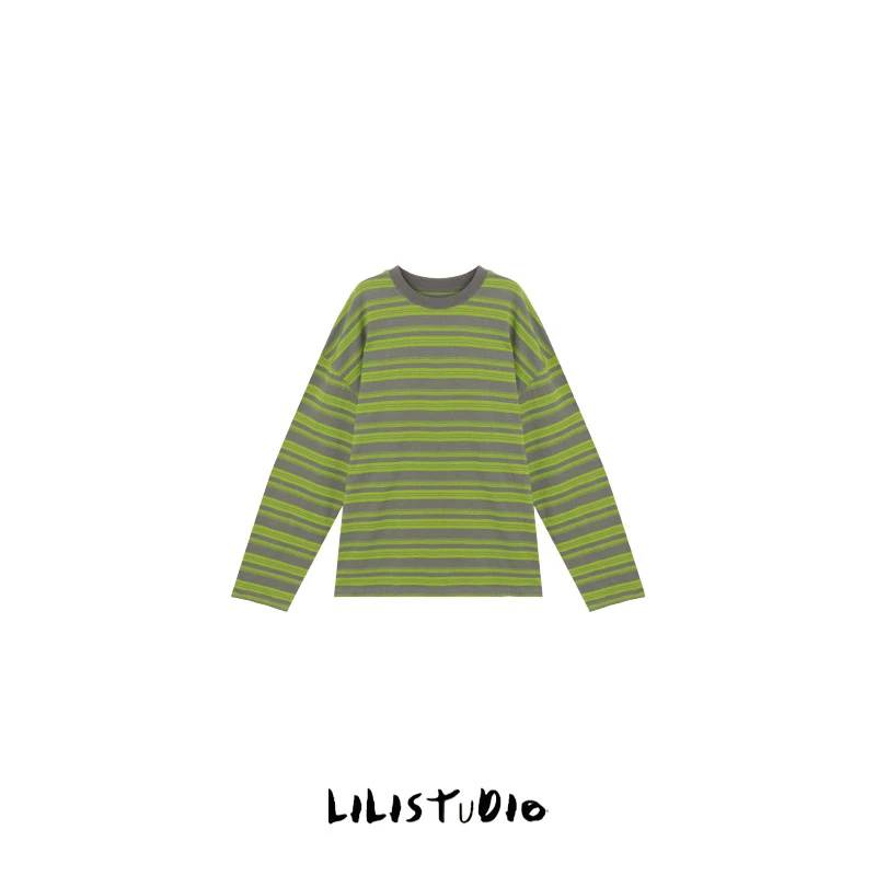 PCNY「灰绿条纹」不理理春夏新款女装百搭简约圆领条纹长袖T恤女