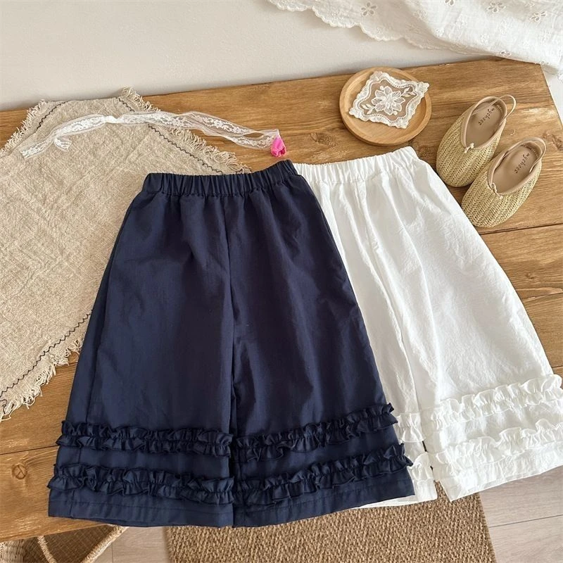 女童裤子2025新款韩版双层木耳边休闲裤夏季薄款防蚊裤九分阔腿裤