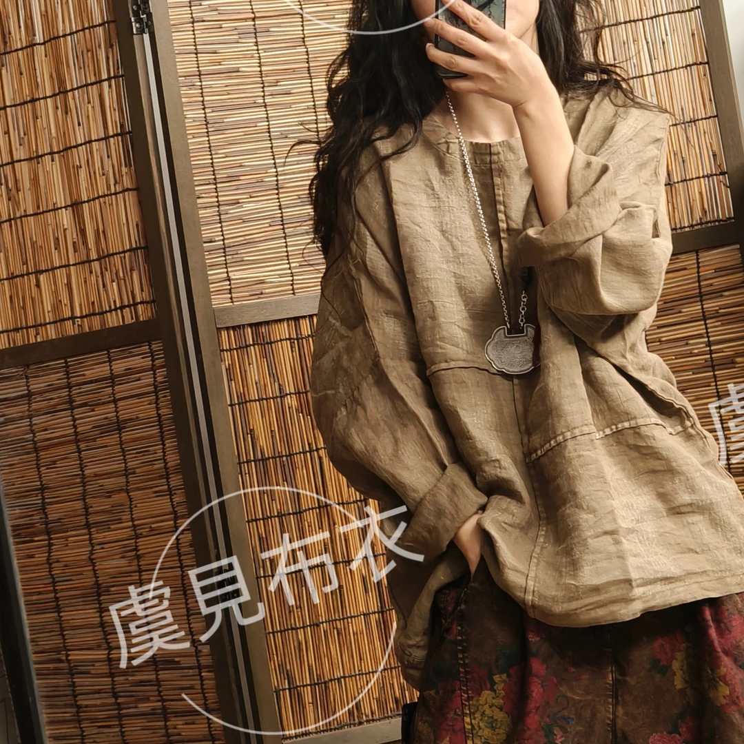 虞姑娘  春季炒色做旧提花亚麻圆领麻杉【衣长68胸围148】