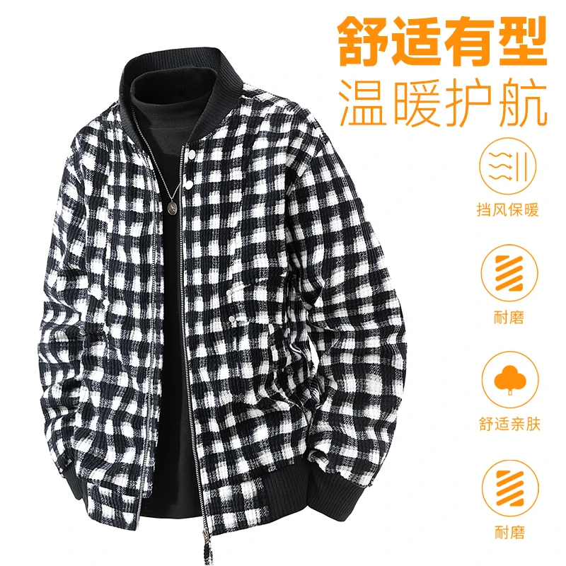 2025秋季新款大码夹克千鸟格棒球服男爆款韩版格子宽松外套