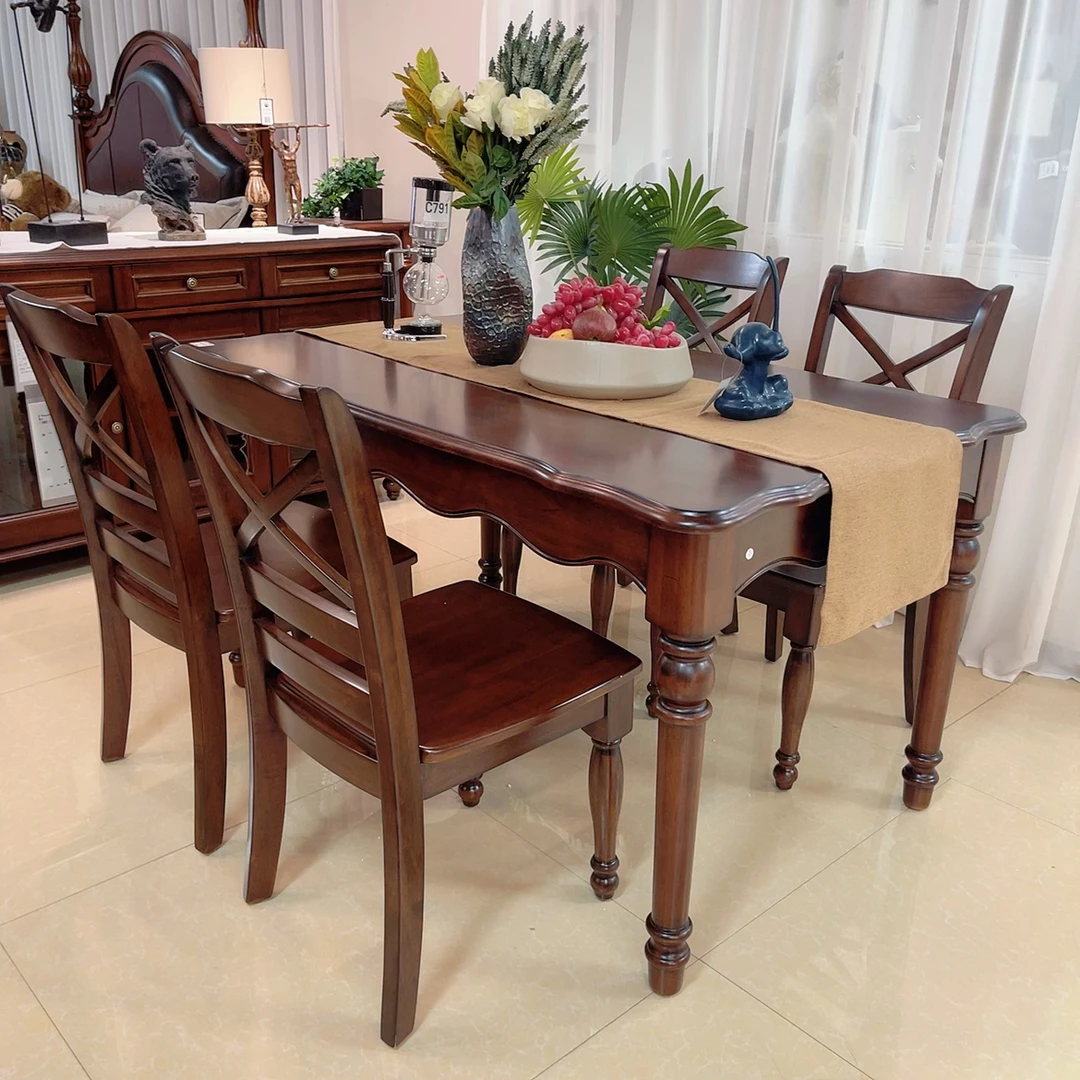 进口挑花芯木实木餐厅长方形吃饭桌美式中式两用家用餐桌