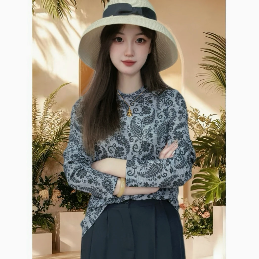 莱赛尔天丝长袖民族风印花圆领防晒新款休闲打底衫上衣潮8231