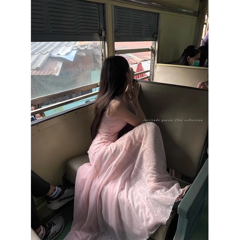 樱花落 春夏淡粉蕾丝暗纹提花法式长款连衣裙女