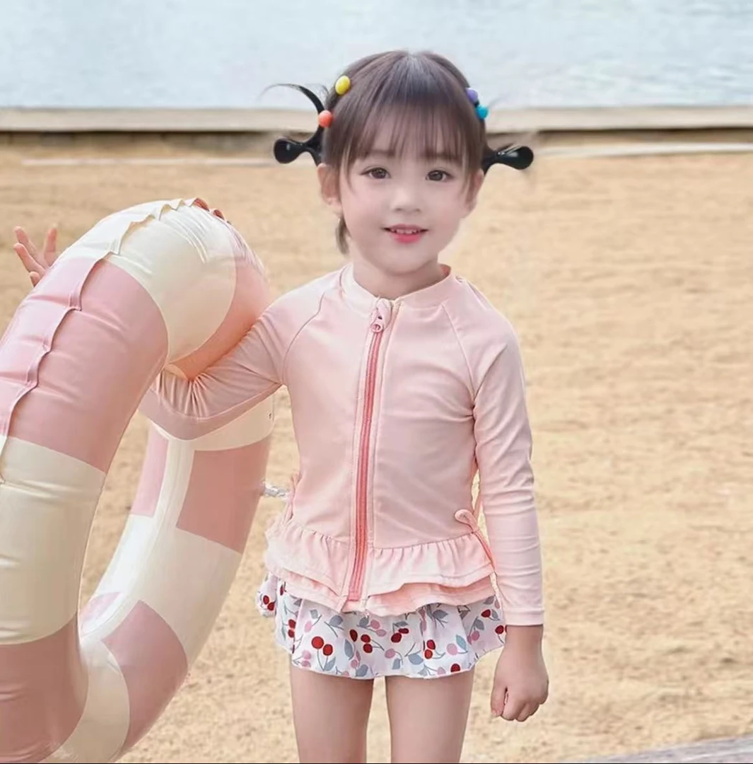 KL女童泳衣女孩速干分体泳衣套装宝宝泳衣长袖泳装网红泳衣裙甜美