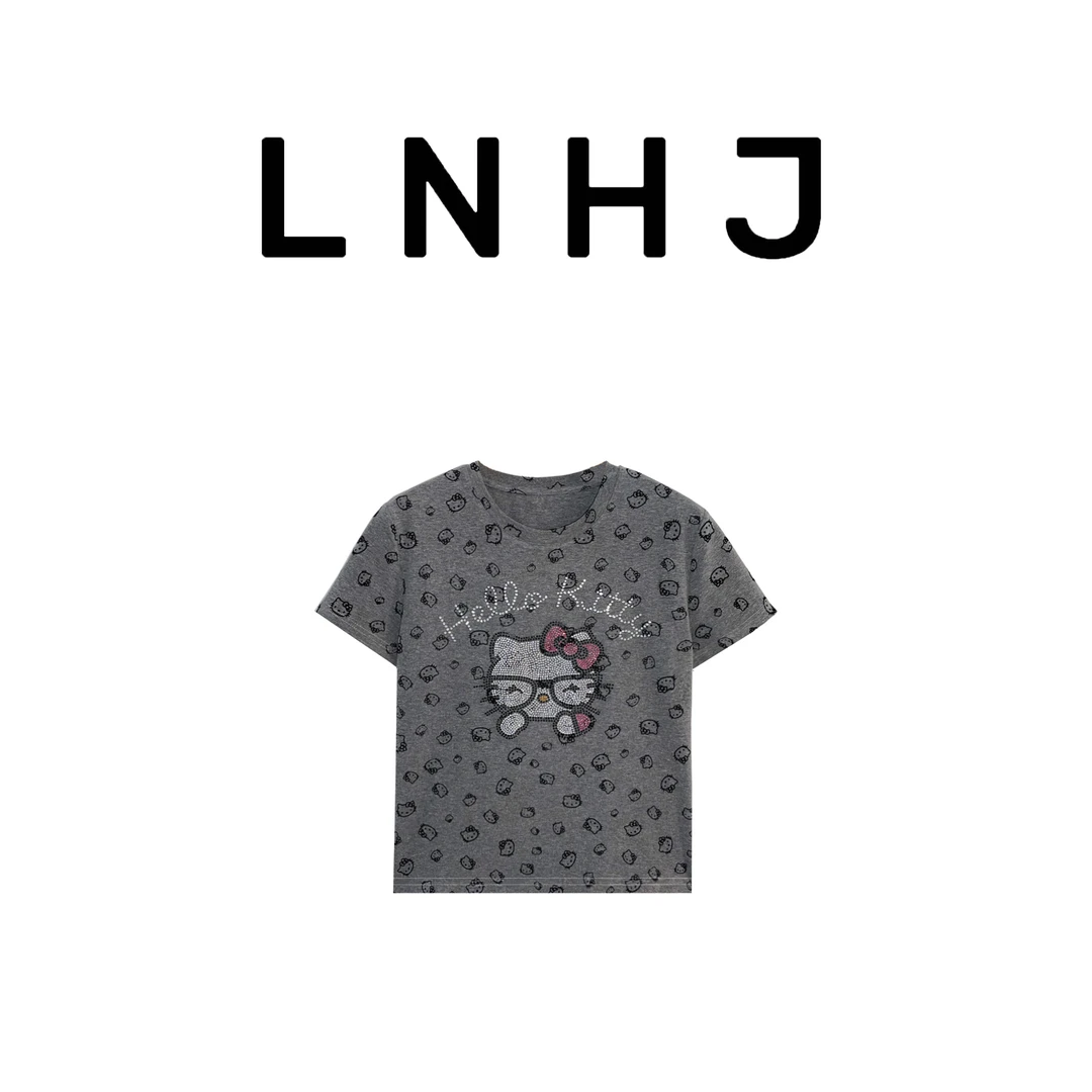 LNHJ【戴眼镜的KT猫】时尚复古设计感烫钻植绒KT猫短袖T恤