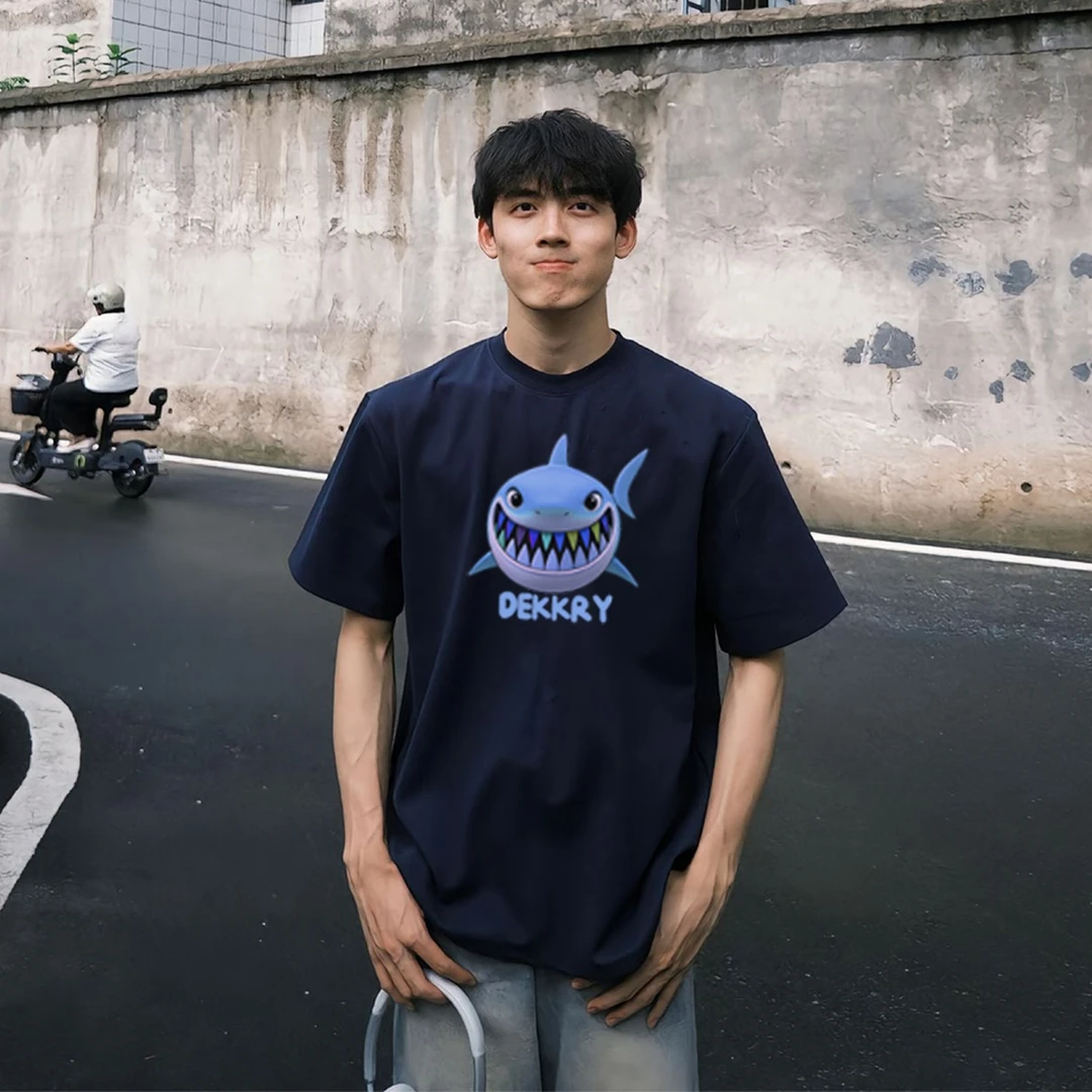 100%纯棉美式休闲个性男女百搭蓝色鲨鱼字母印花短袖t恤夏季上衣