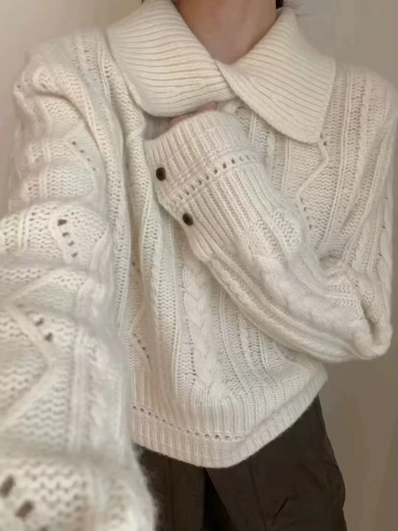 休闲风宽松针织秋季翻领毛针织衫纯色打底百搭时尚