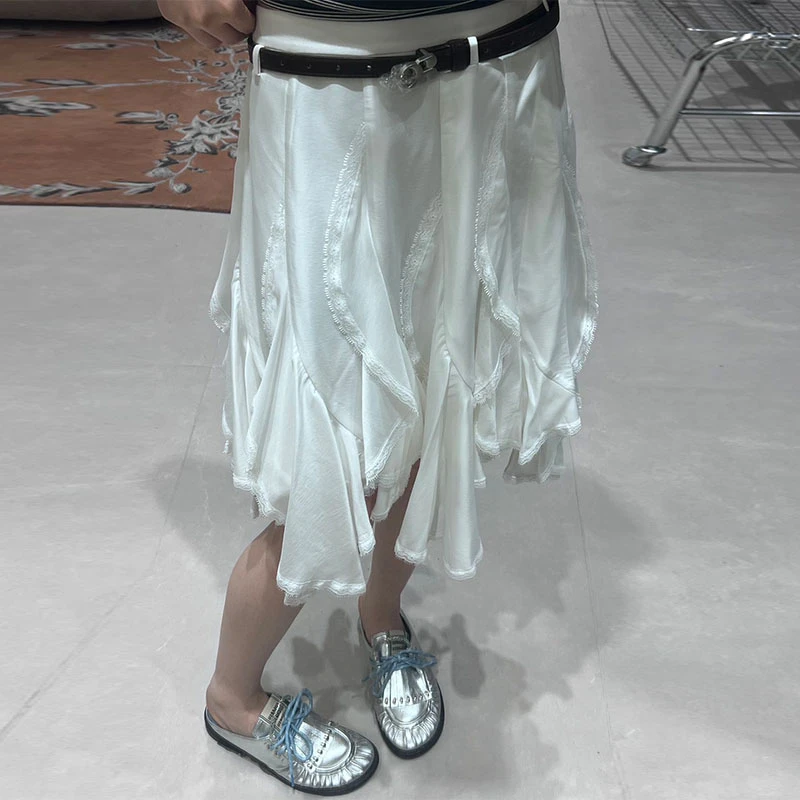 AVVENN2025夏季设计师新品拼接中裙时尚纯色带皮带半身裙