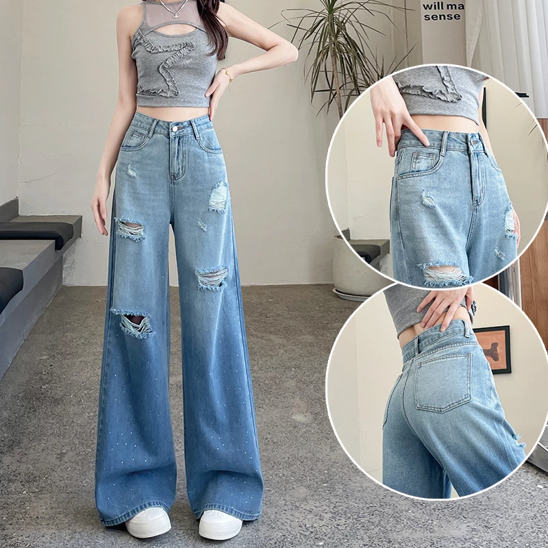 喜绚渐变蓝破洞牛仔裤女2025夏季爆款闪钻烫钻重工辣妹美式阔腿裤