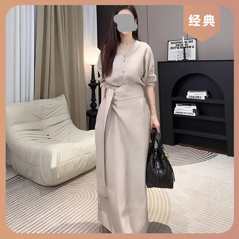 直筒上衣长袖套装V领两件套半身裙女衬衫宽松夏季黄色休闲时尚