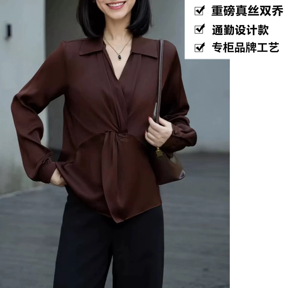 重磅真丝双乔法式气质感V领收腰显瘦桑蚕丝衬衫上衣ZKB03咖啡色