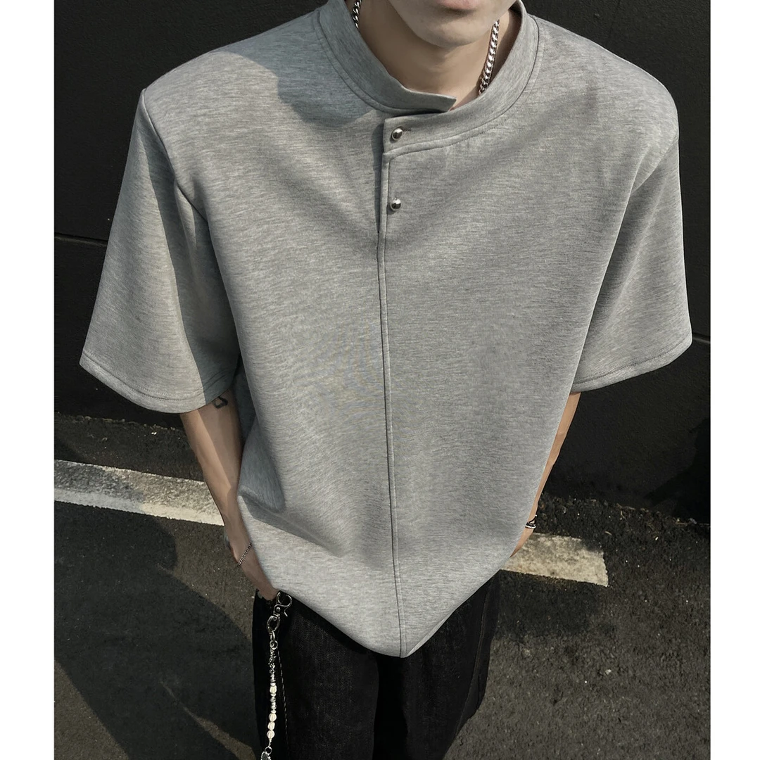 重磅垫肩不规则纽扣设计短袖T恤男款夏美式潮牌痞帅宽松美式短袖
