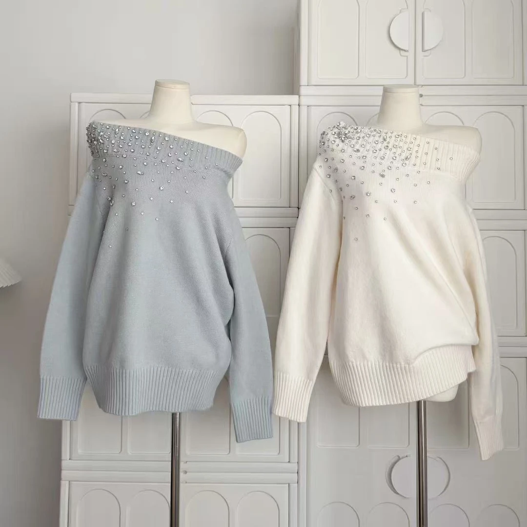 鎏星碎片精致高级感气质一字肩带钻中领毛衣