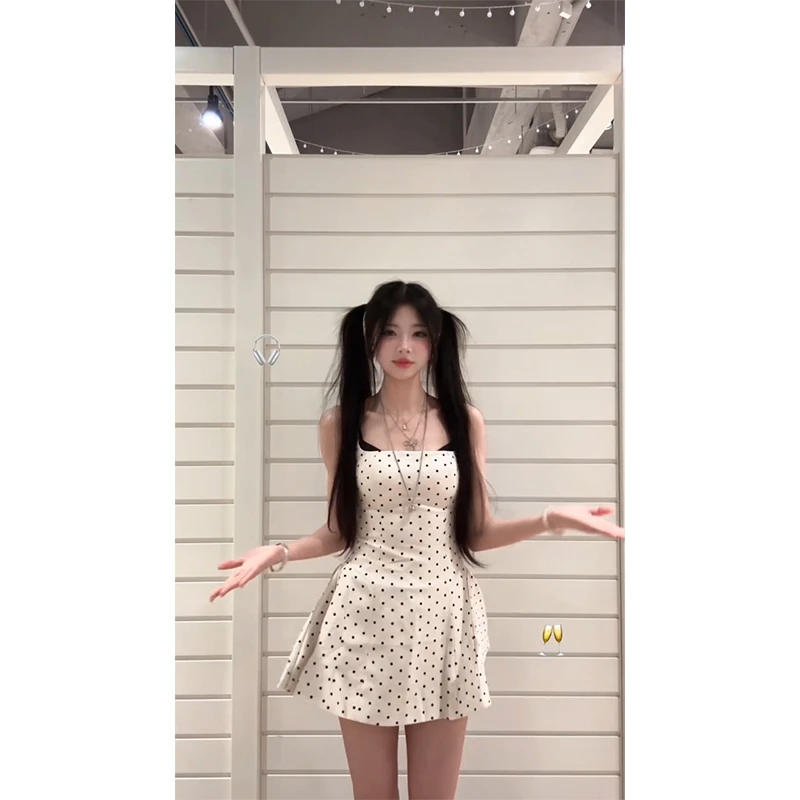 虞书欣同款2025新款白色波点连衣裙a字吊带裙子miu系夏季少女穿搭