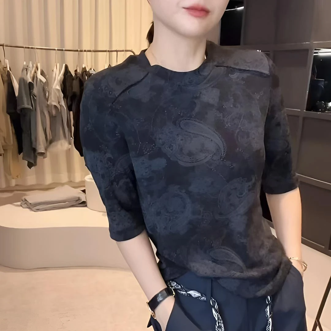 《姚家优麦汇》Y6603早秋款圆领设计感时尚百搭中袖显瘦上衣款女