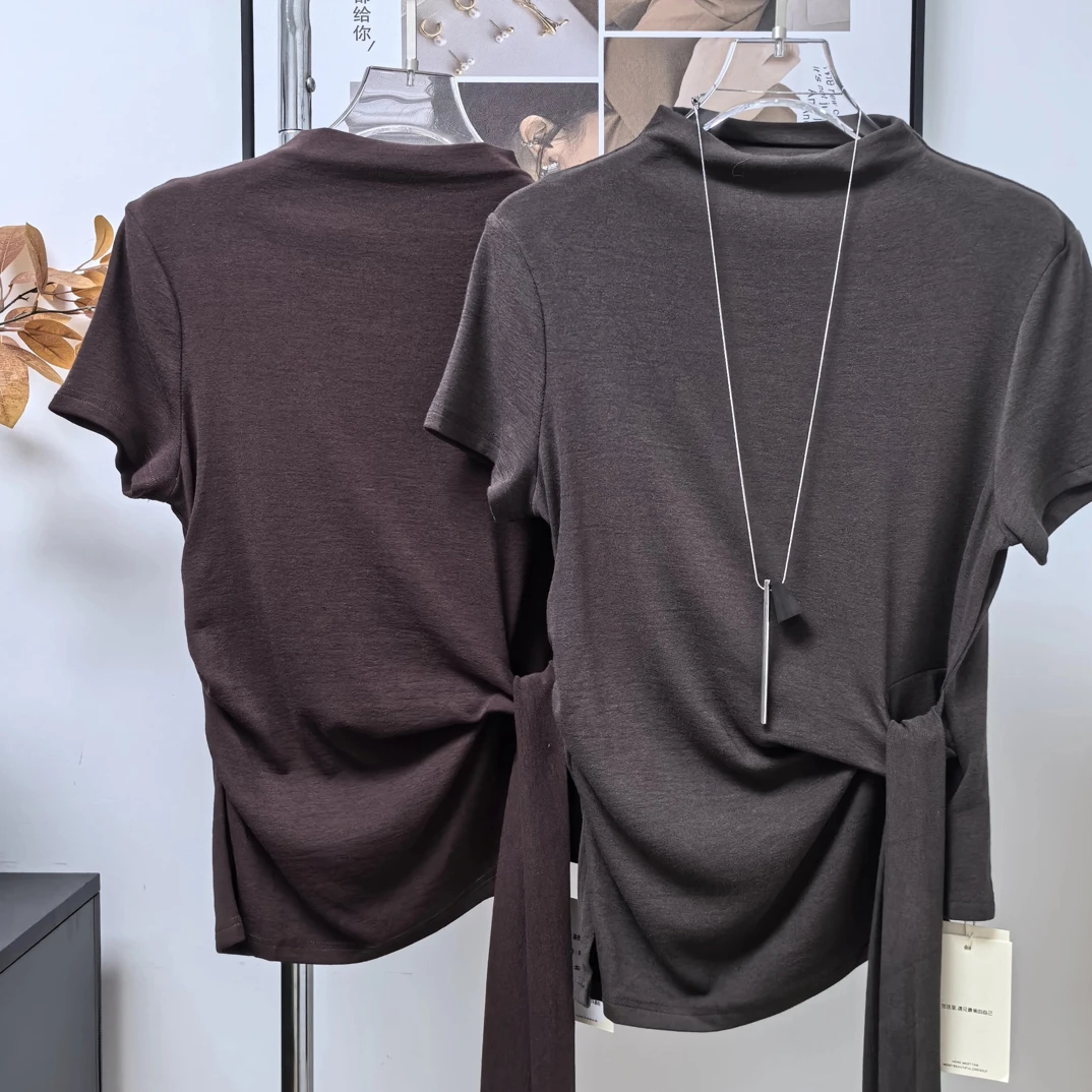 法式短袖修身系带褶皱千金风立领渐变T恤时尚休闲