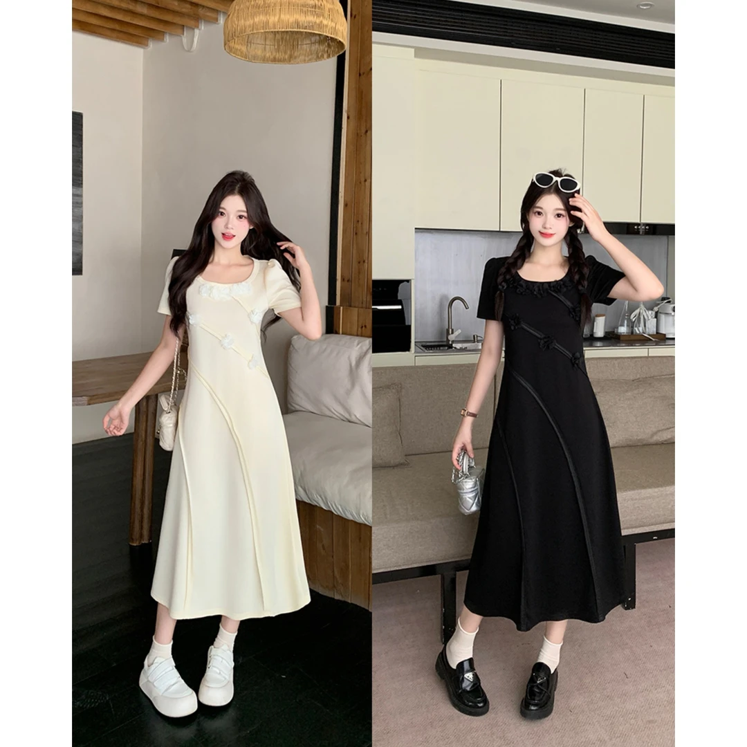 2025夏季新款胖mm大码法式立体花朵方领连衣裙收腰A字长裙子64980