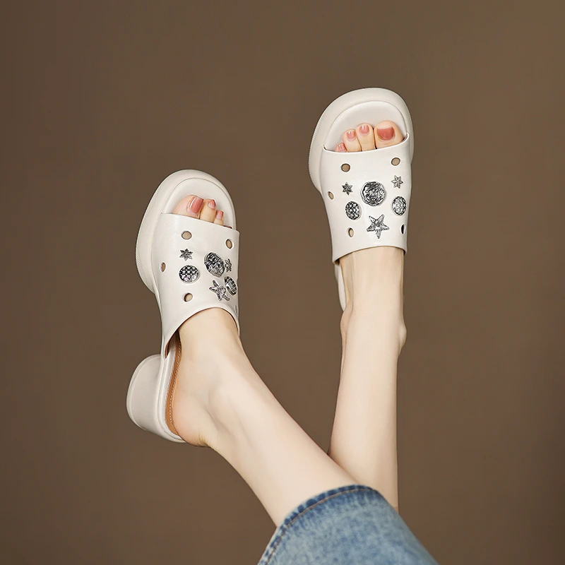 牛皮/6cm/一字拖增高薄款少女风防水台凉拖鞋时尚夏季沙滩鞋厚底