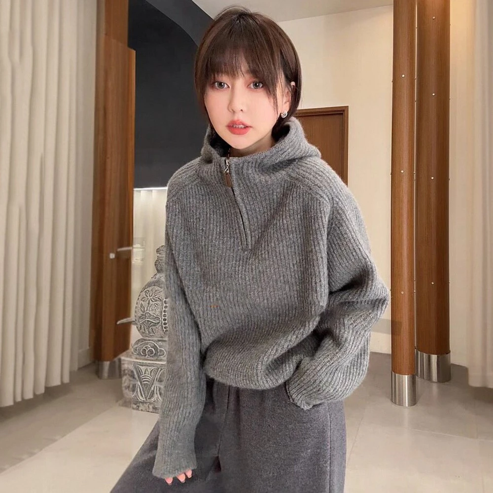大码松弛感半拉链连帽毛衣针织衫女秋冬胖mm宽松显瘦内搭外穿上衣