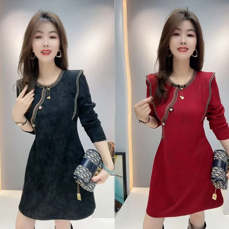 新中式复古风长袖收腰显瘦中长款气质百搭连衣裙