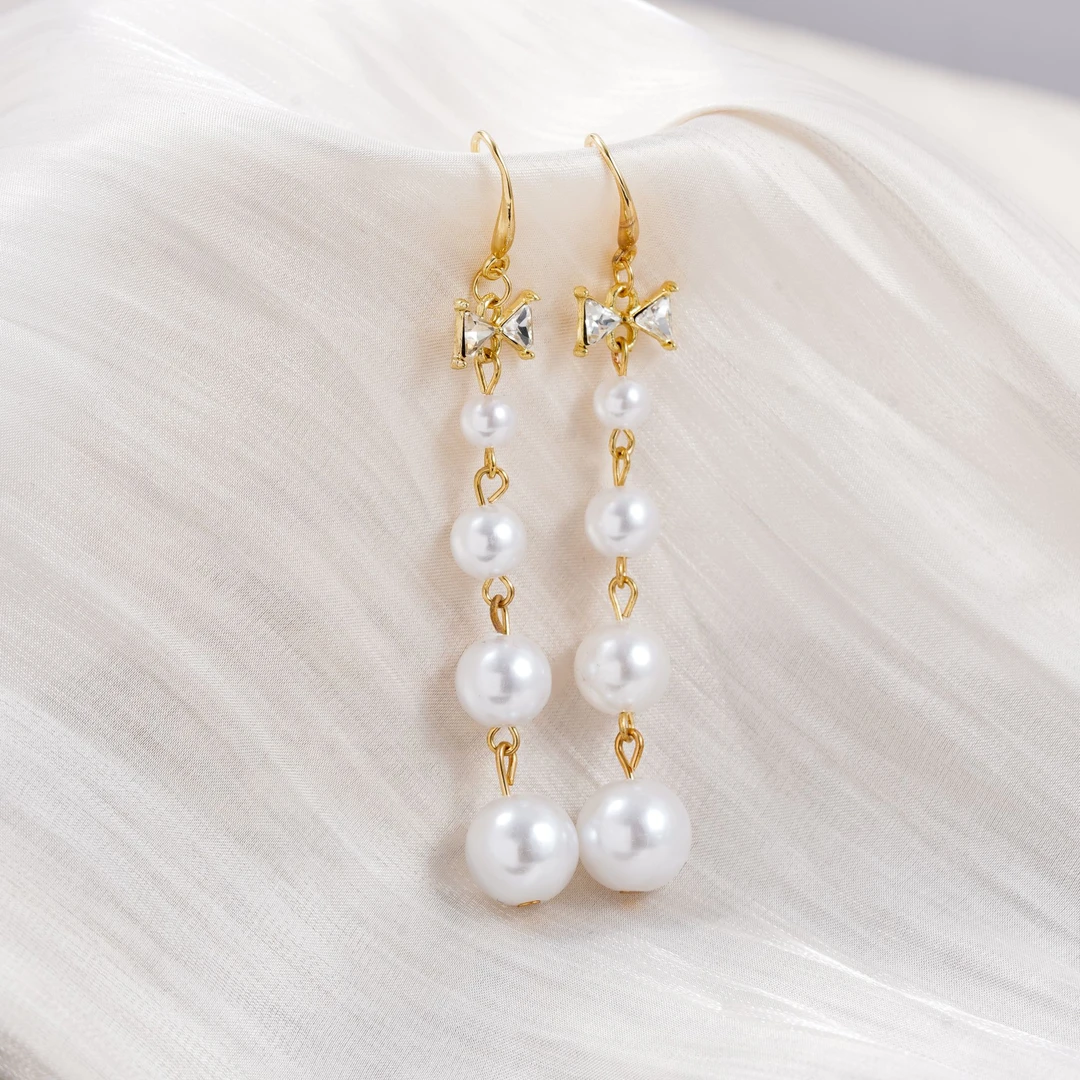 铜合金耳饰 长款流苏珠珠白色耳环设计感气质时尚耳饰女N2485