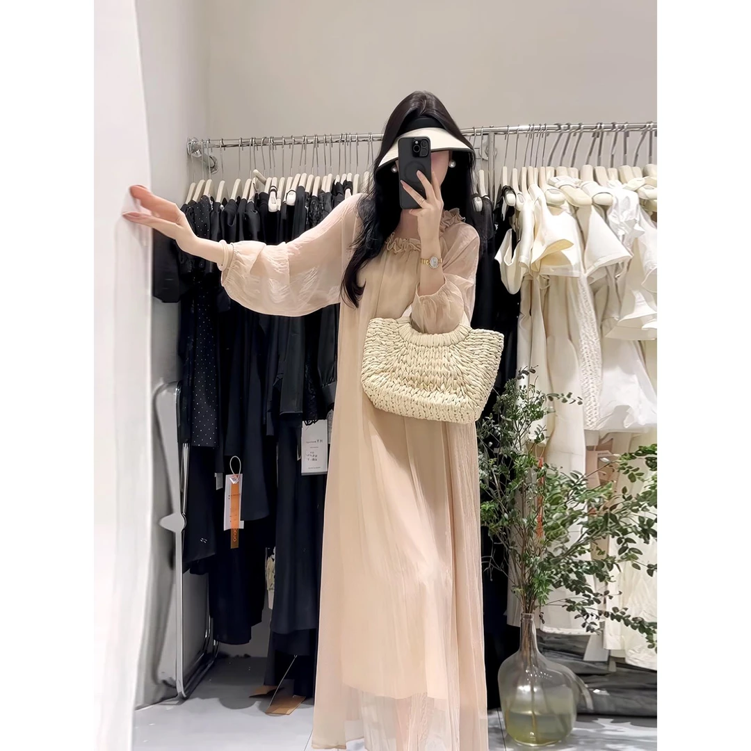 VOCKOO官方法式花边圆领长袖连衣裙女茶歇裙2025秋季新款气质温柔