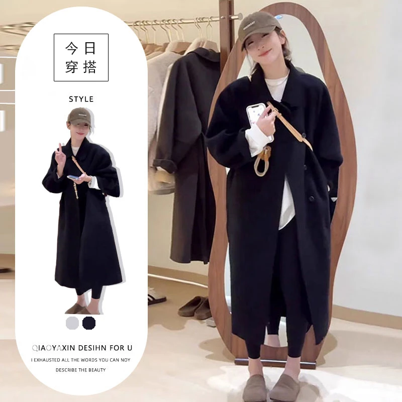 韩系通勤设计感纯色翻领毛呢外套女2025春秋新款高级感宽松大衣潮