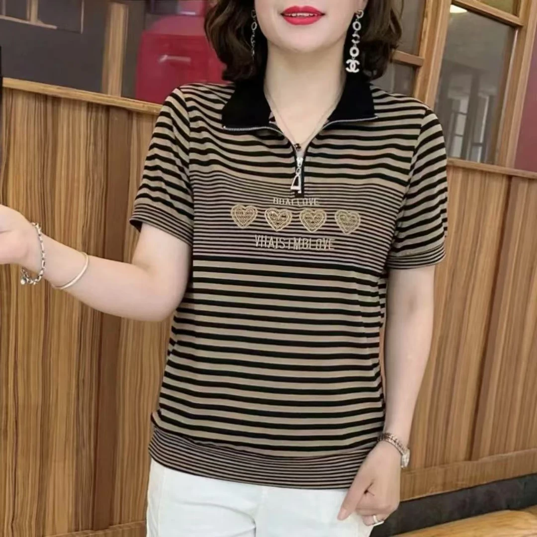 运动小衫休闲风洋气女士条纹中老年女装翻领半袖夏季常规百搭