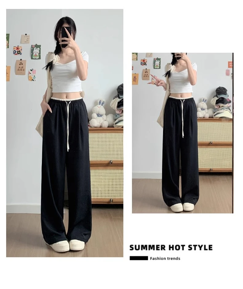 大码胖MM灰色运动裤女春夏薄款高腰直筒阔腿裤裤子宽松休闲卫裤