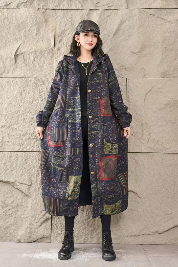 棉麻抓绒保暖风衣外套女碎花连帽中长款外套文艺大码女装印花新款