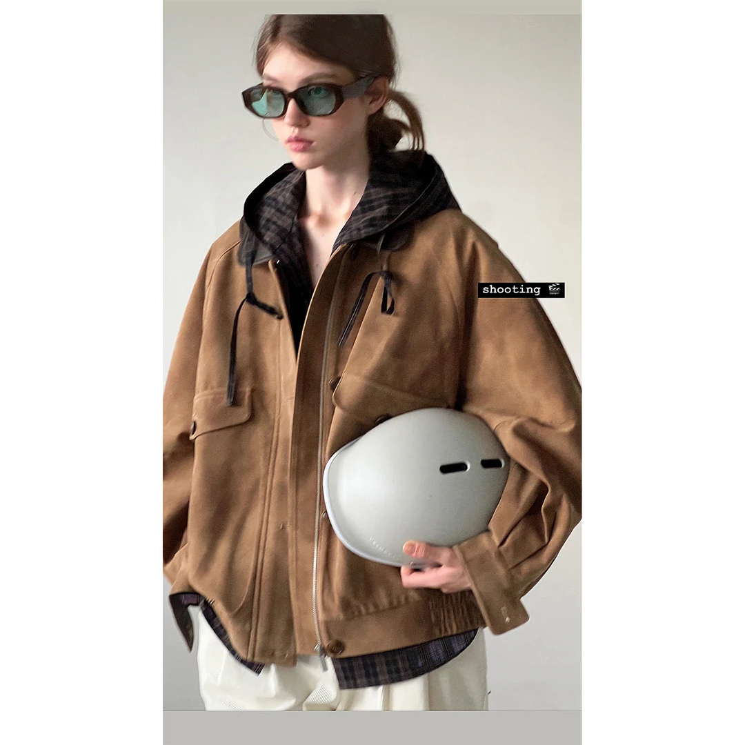 CHIC nordic90s中古感’做旧麂皮绒重工撞色翻立领复古皮衣外套女