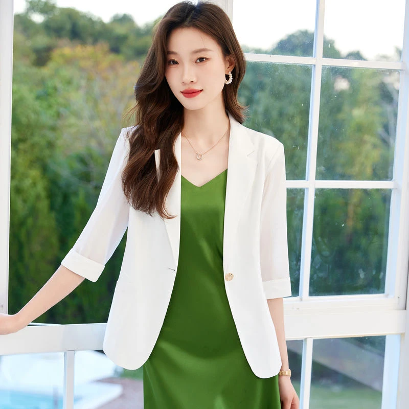 2025春夏新款醋酸缎西服外套女时尚百搭显瘦七分袖薄款气质上衣