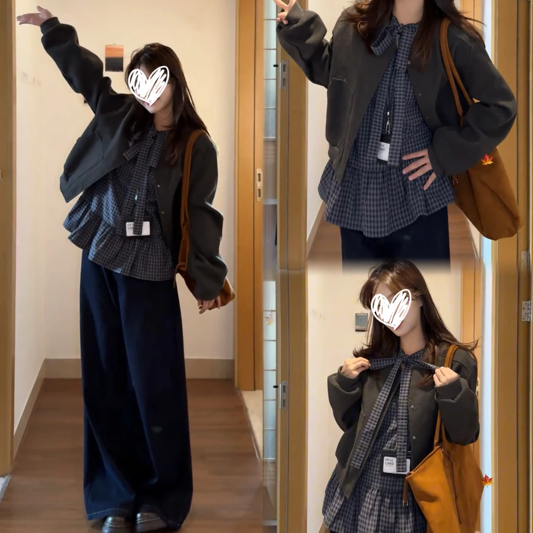 秋季新款大码时尚复古格子衫韩系气质显瘦外套上衣两件套