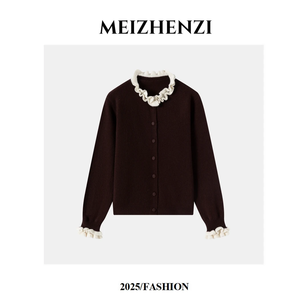 MEIZHENZI【100全羊毛】法式木耳边撞色秋装羊毛开衫#31262