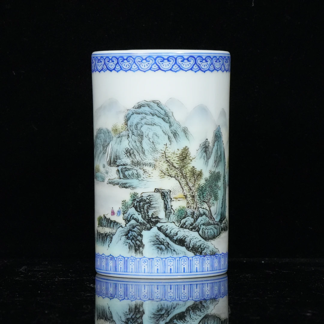 lot16541 6884 民国 粉彩山水纹笔筒 H:10.2