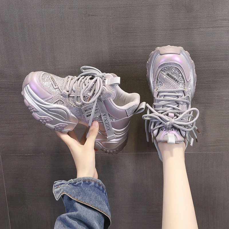 F 网红时尚亮片高帮鞋女2025秋冬爆款加绒老爹鞋女百搭休闲运动鞋