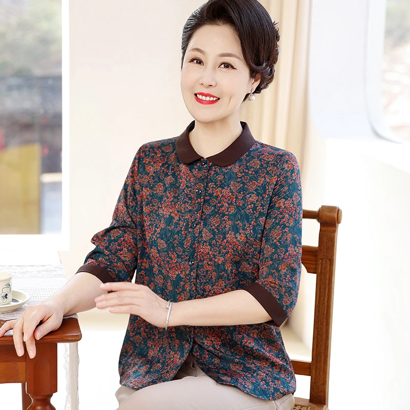 奶奶夏装七分袖衬衫上衣中老年人妈妈春夏宽松衬衣套装老太太衣服