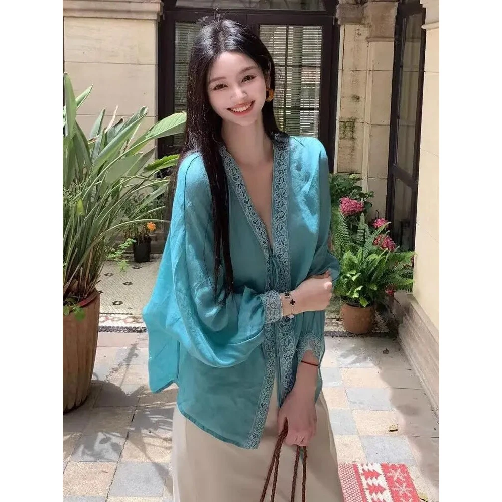法式领蕾丝拼接防晒衬衫女夏季新款薄款宽松慵懒高级感气质上衣