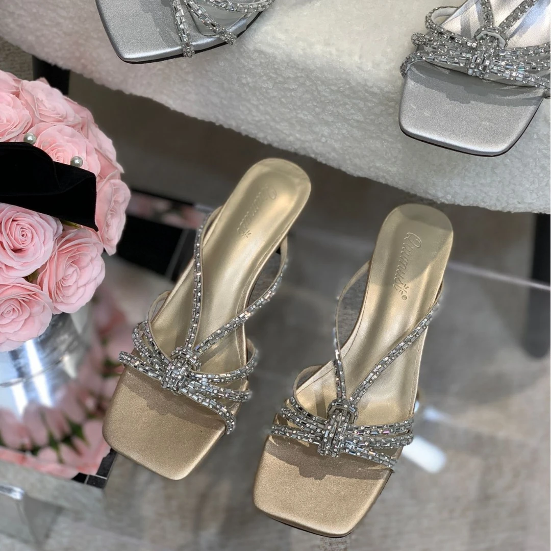 2025春新款方头透明水钻一字带露趾粗高跟半拖OL女凉鞋高跟鞋夏季