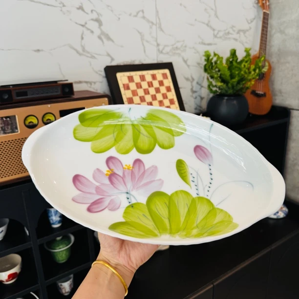 【双耳鱼盘】紫荷花·高温手工手绘 1212