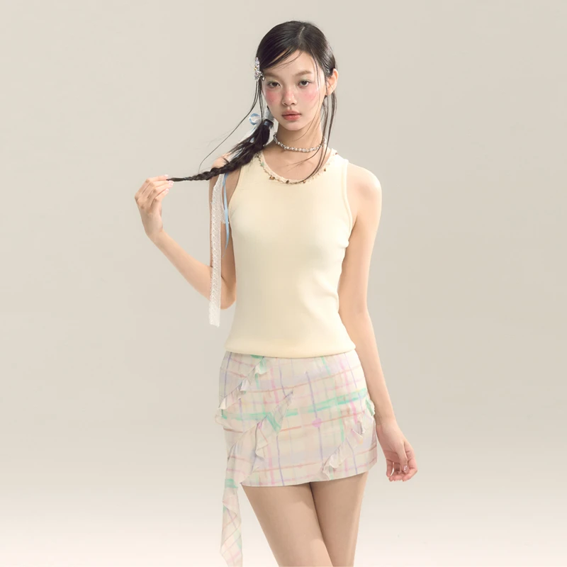 SASSY MOODY彩色小众设计感不规则格纹飘带半身短裙