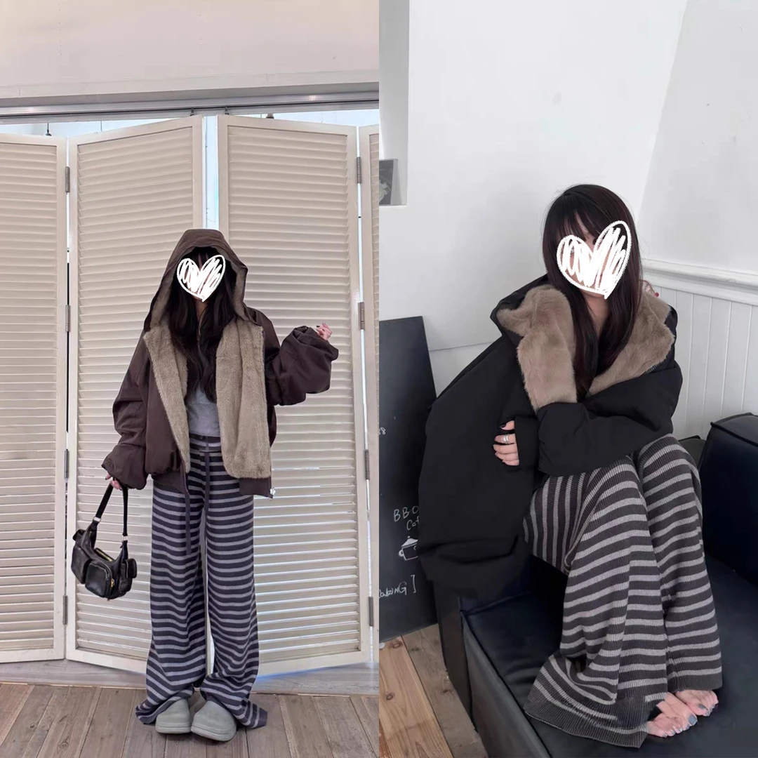 秋冬重磅帆布水洗两面穿慵懒宽松情侣座山雕连帽棉服夹克 82062