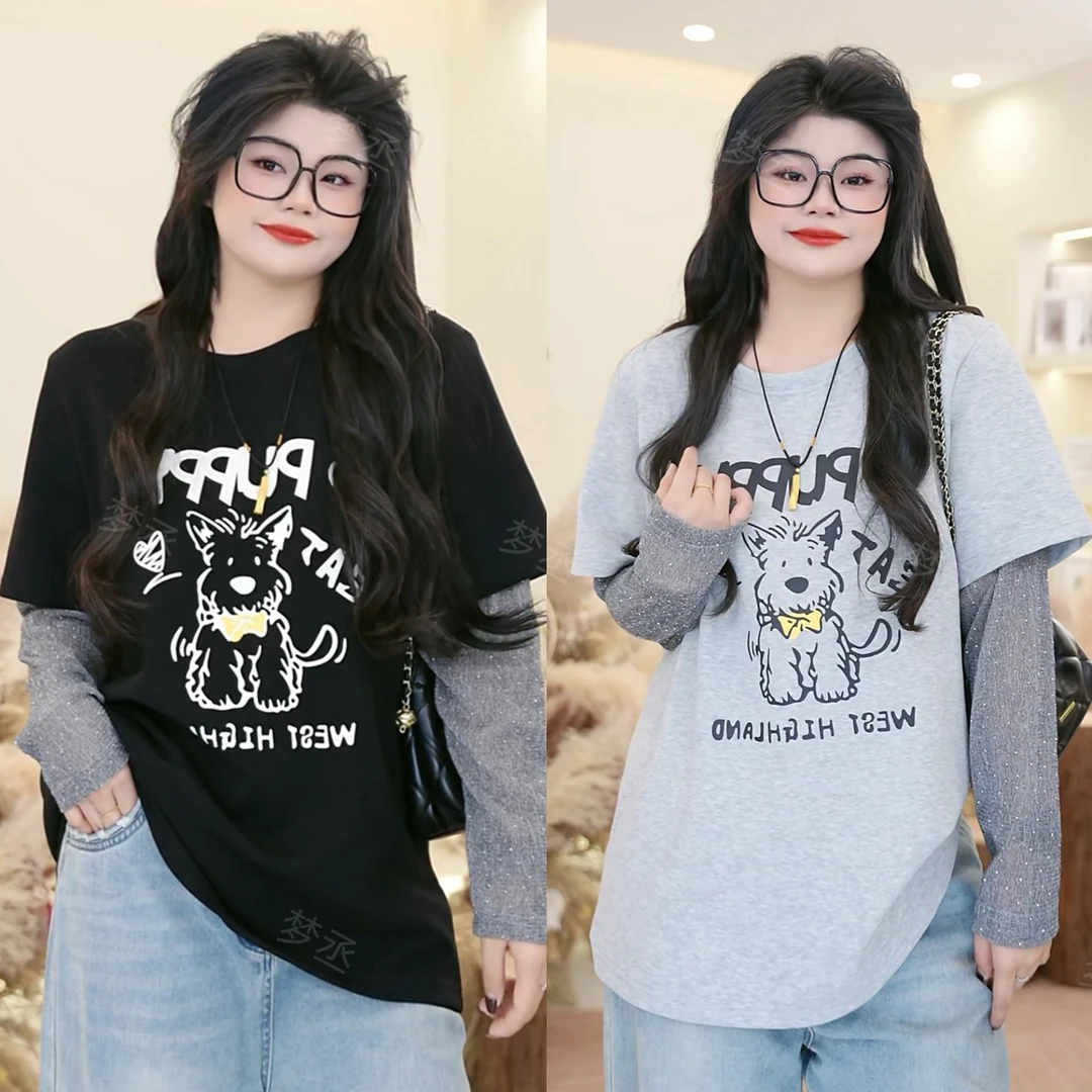 【雪纳瑞】大码女装假两件字母狗狗印花时尚宽松减龄百搭短袖上衣