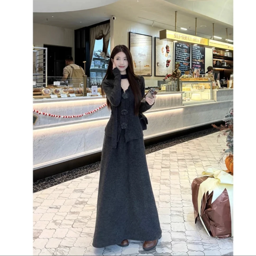 复古气质时尚套装女冬季2024新款花朵针织衫高腰A字半身裙两件套