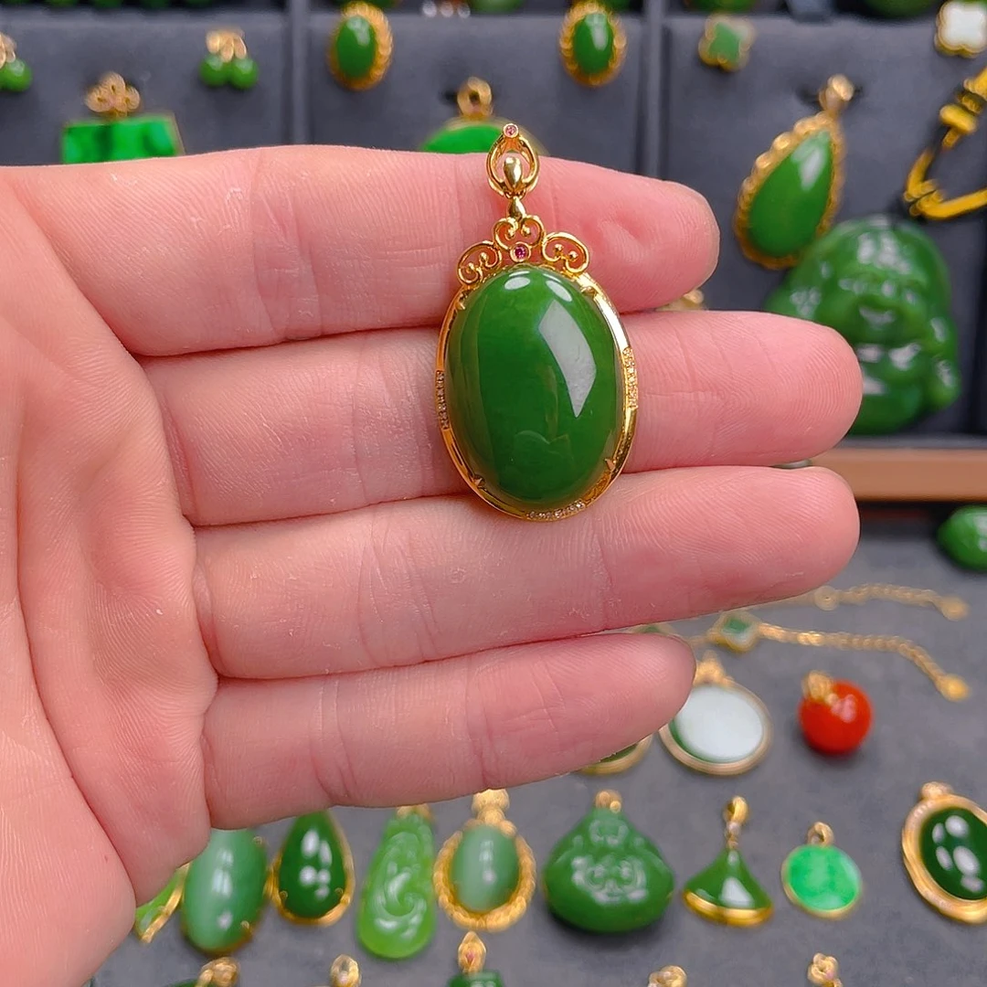 和田玉（碧玉）18K金镶嵌吊坠(不含链)3580