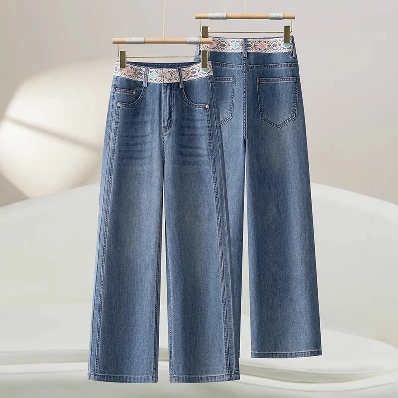 拉夏贝尔时尚刺绣八分直筒牛仔裤女夏2025新款高腰休闲窄版阔腿裤