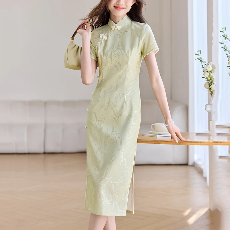 立领短袖连衣裙气质百搭漂亮雪纺长裙2025夏季旗袍女新中式小个子