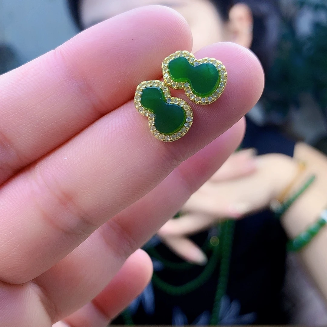 吊坠(不含链)银S925镶嵌和田玉（碧玉）耳钉