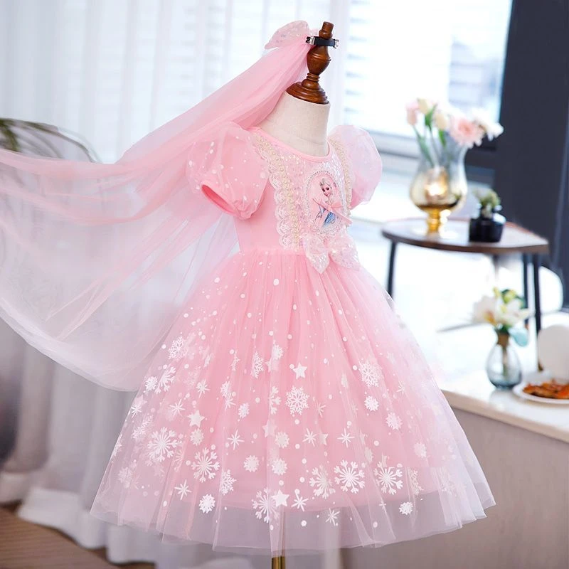 女童爱莎发光公主裙女宝宝生日泡泡袖连衣裙冰雪奇缘艾莎儿童装潮